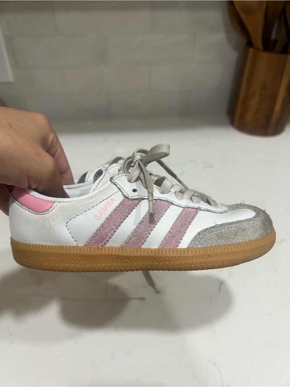 adidas Kids White and Pink Samba Sneakers with Gum Sole